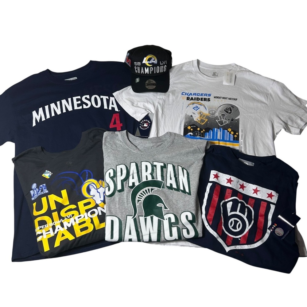 NEW‎ Mens Sports T-Shirts Hat Bundle Size L Rams Raiders Chargers Spartans Twins